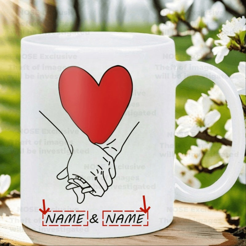 Tailorly White Ceramic 11 oz Mug - Name Name Minimalist Line Art Hands Holding Under A Vibrant Red Love Heart