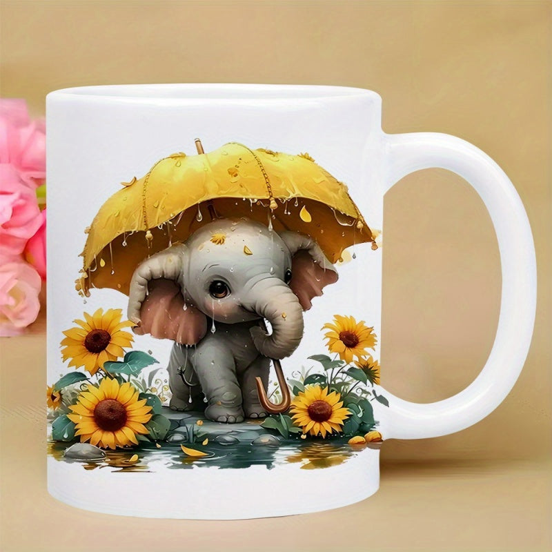 Tailorly White Ceramic 11 oz Mug - Adorable Baby Elephant Under Yellow Umbrella Surrounded By Bright Sunflowers Elephant