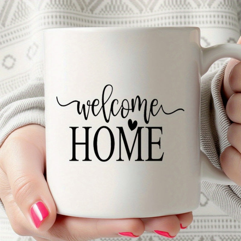 Tailorly White Ceramic 11 oz Mug - Welcome Home Minimalist Ceramic Vessel Featuring Elegant Script Lettering With A Tiny Heart Mug