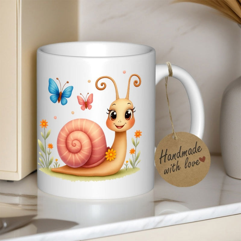 Tailorly White Ceramic 11 oz Mug - Handmade With Love Charming Little Snail With Pink Shell Exploring Floral Garden Snail
