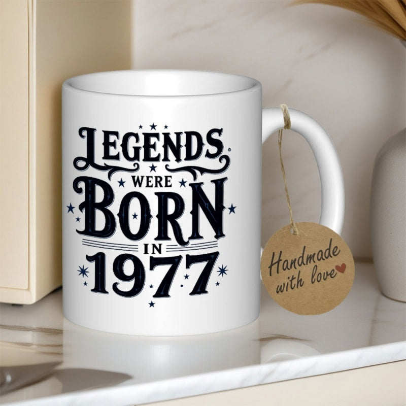 Tailorly White Ceramic 11 oz Mug - Legends Were Born In 1977 Elegant White Ceramic Featuring Black Artistic Typography With Delicate Stars Mug