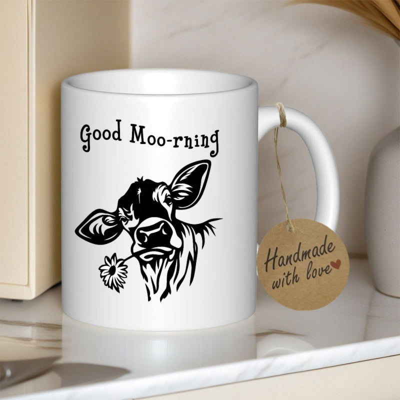 Tailorly White Ceramic 11 oz Mug - Good Moo-rning Charming Farmhouse Animal Holding A Delicate Daisy Flower In Its Mouth Cow