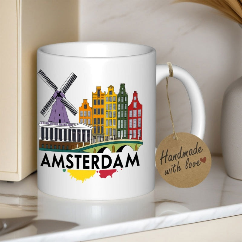 Tailorly White Ceramic 11 oz Mug - Amsterdam Colorful Traditional Dutch Buildings With A Purple Windmill And Bridge Skyline