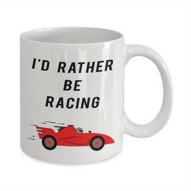 Tailorly White Ceramic 11 oz Mug - Id Rather Be Racing Sleek Red Race Vehicle Gliding Fast With Black Dynamic Speed Lines Car