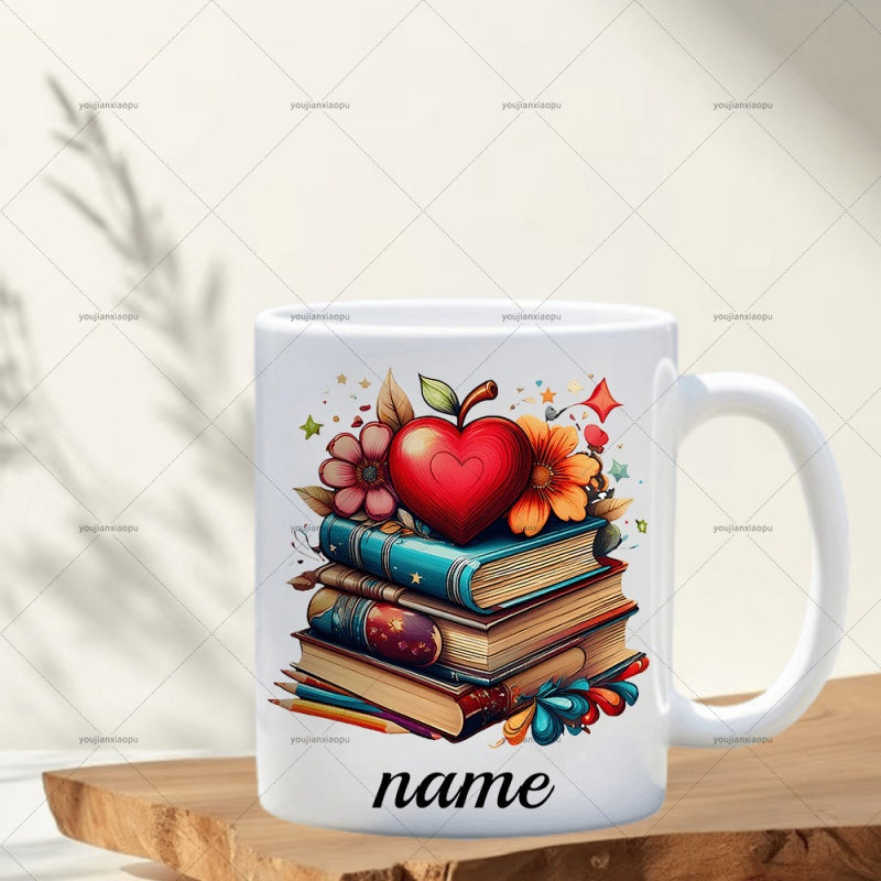 Tailorly White Ceramic 11 oz Mug - Name Stacked Vintage Educational Books Featuring Heart Shaped Red Apple And Flowers Book