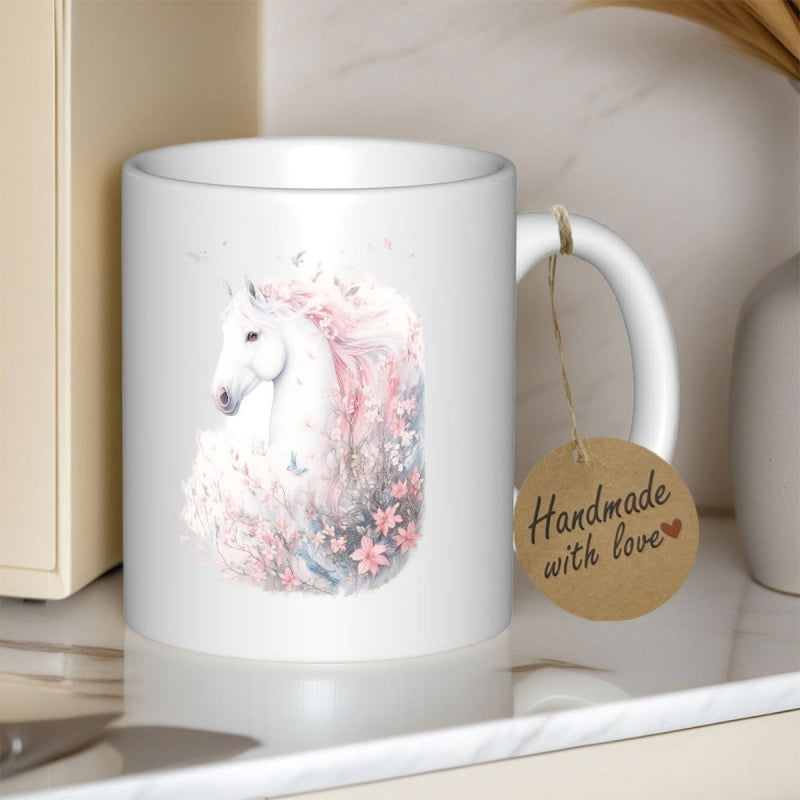 Tailorly White Ceramic 11 oz Mug - Ethereal White Steed Among Soft Pink Blooming Cherry Blossom Flowers Horse