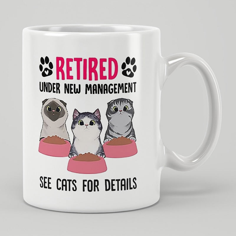 Tailorly White Ceramic 11 oz Mug - Retired Under New Management See Cats For Details Three Adorable Cartoon Kittens Sitting Behind Pink Bowls Filled With Food Cats