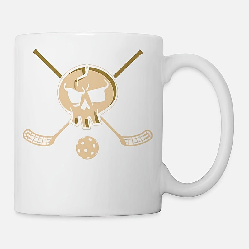 Tailorly White Ceramic 11 oz Mug - Stylized Golden Graphic Featuring Perforated Ball And Crossed Floorball Sticks Skull