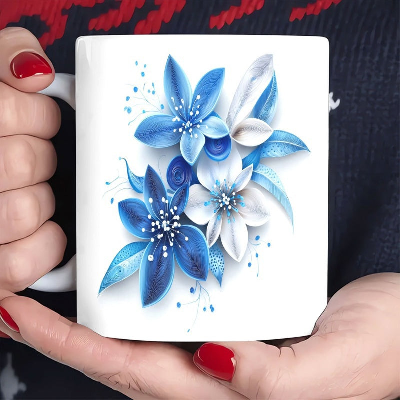 Tailorly White Ceramic 11 oz Mug - Elegant Blue And White Artistic Floral Bouquet With Sparkling Crystal Petals Flower