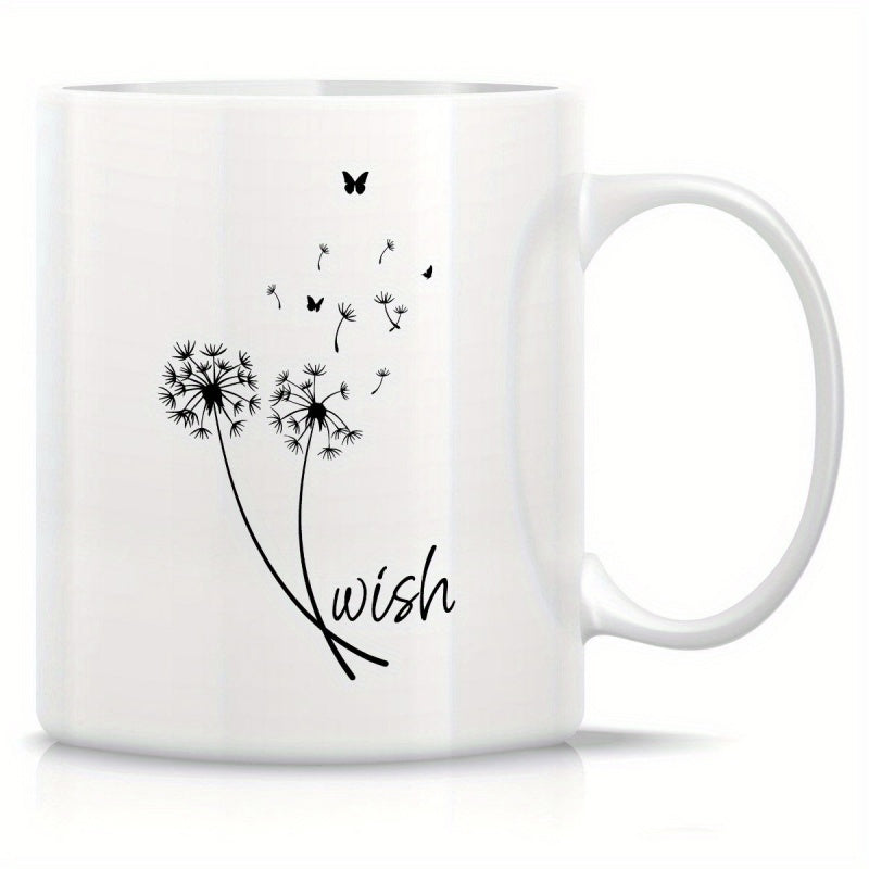 Tailorly White Ceramic 11 oz Mug - Wish Floating Seeds And Tiny Butterflies In Gentle Breeze Between Delicate Elegant Dandelion