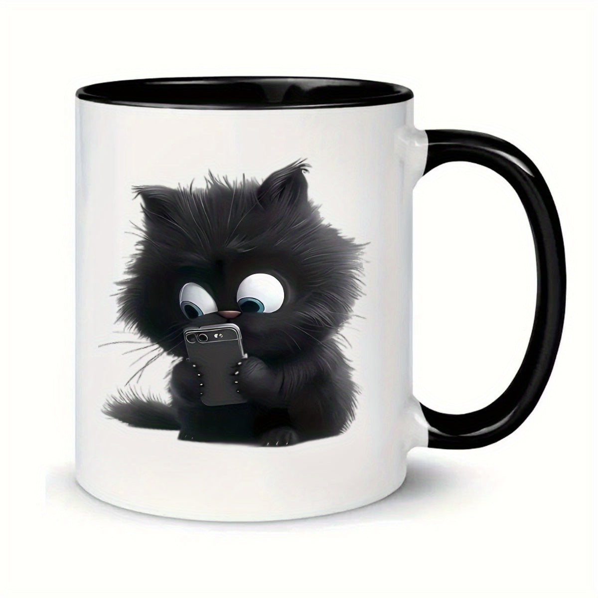 Tailorly Black Accent 11 oz Mug - black cat with phone