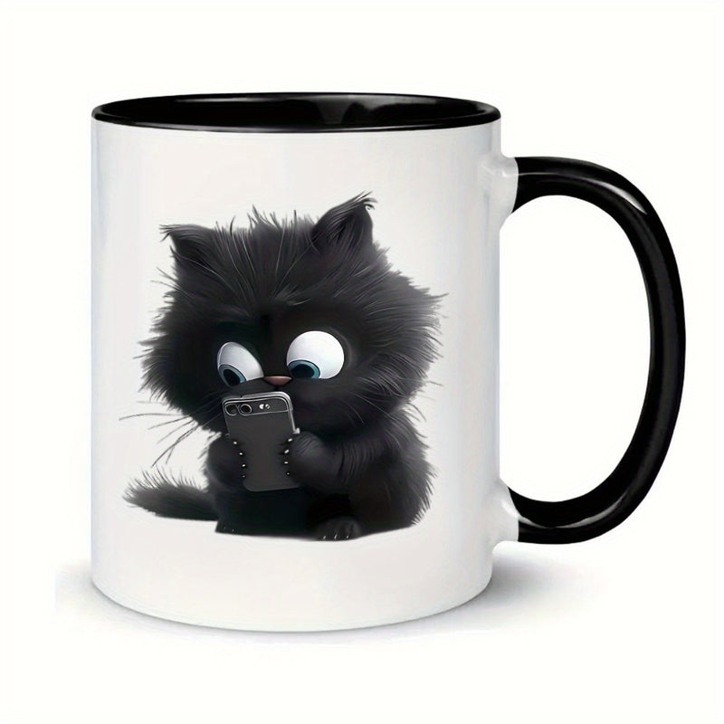 Tailorly Black Accent 11 oz Mug - black cat with phone
