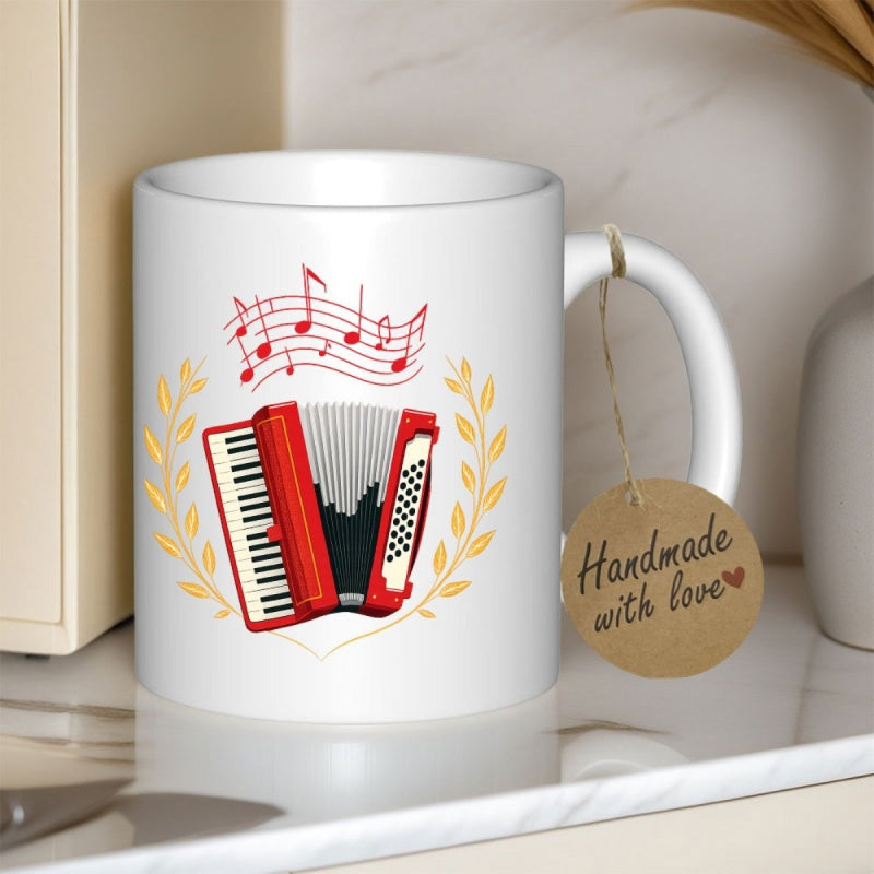 Tailorly White Ceramic 11 oz Mug - Handmade With Love Musical Staff With Notes Above Golden Laurel Leaves Around A Red Accordion