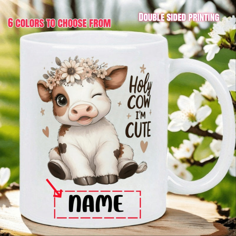 Tailorly White Ceramic 11 oz Mug - Holy Cow Im Cute Name Adorable Winking Baby Calf Wearing Floral Crown Sitting Among Small Decorative Hearts Cow