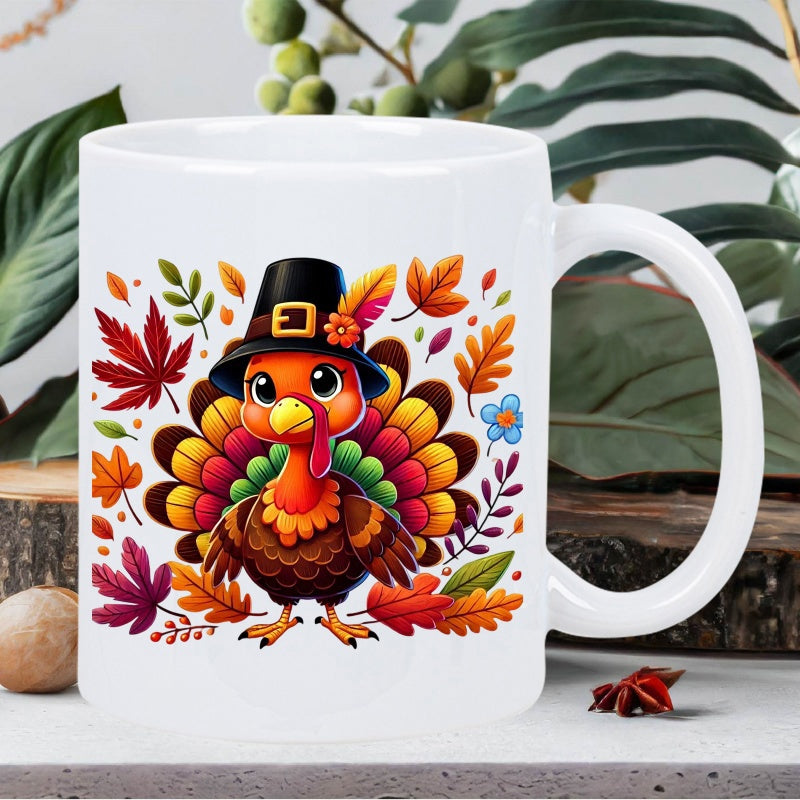 Tailorly White Ceramic 11 oz Mug - Colorful Thanksgiving Pilgrim Hat Among Vibrantly Falling Autumn Leaves Turkey