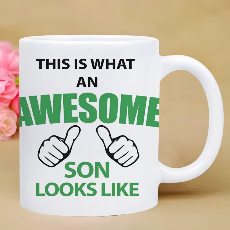 Tailorly White Ceramic 11 oz Mug - This Is What An Awesome Son Looks Like Bold Green Typography Featuring Two Cartoon Thumbs Up Illustration Design