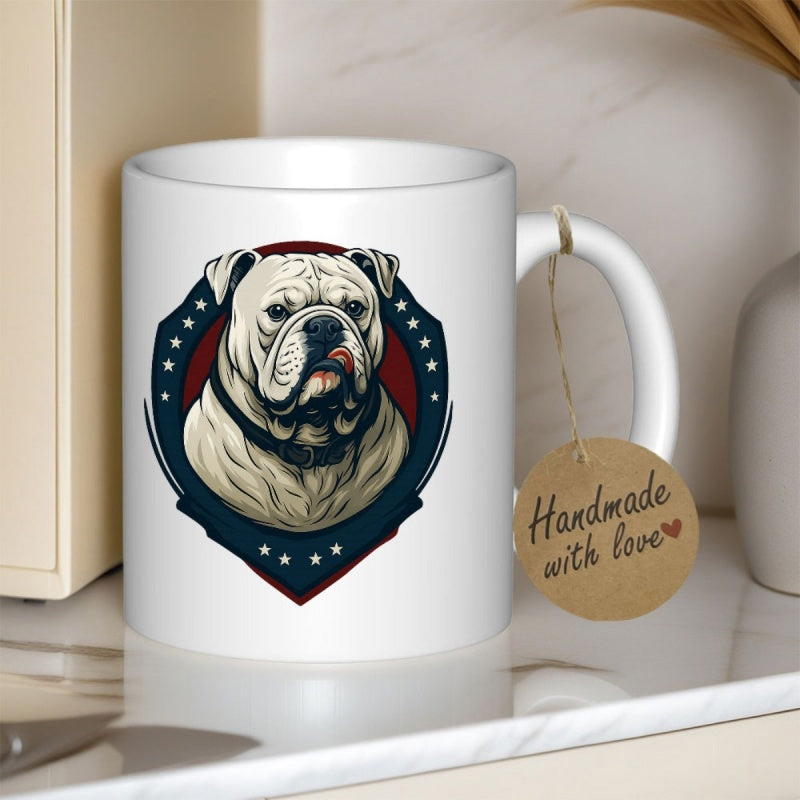 Tailorly White Ceramic 11 oz Mug - Handmade With Love Patriotic Shield Emblem Featuring A Stern And Majestic English Bulldog