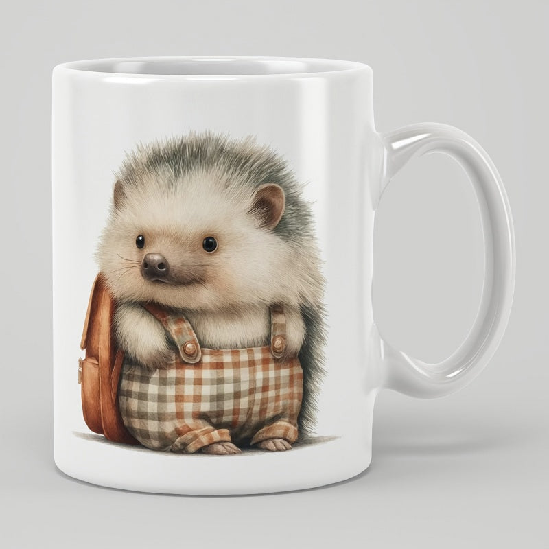 Tailorly White Ceramic 11 oz Mug - Cute Little Fluffy Animal Wearing Plaid Overalls Carrying A Small Backpack Hedgehog