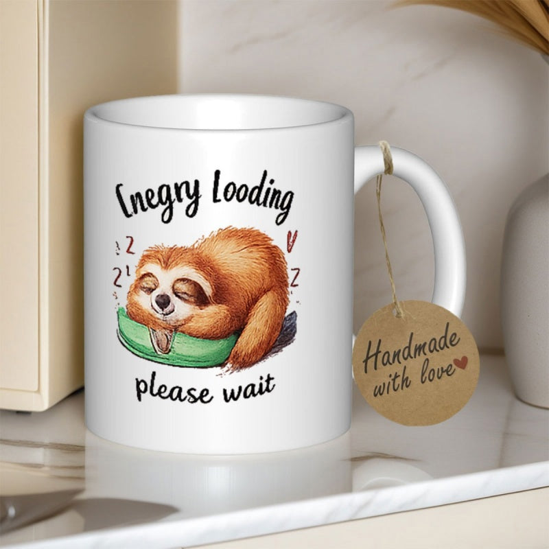 Tailorly White Ceramic 11 oz Mug - Energy Loading Please Wait Adorable Brown Furry Sloth Napping On Soft Green Cushion Sloth