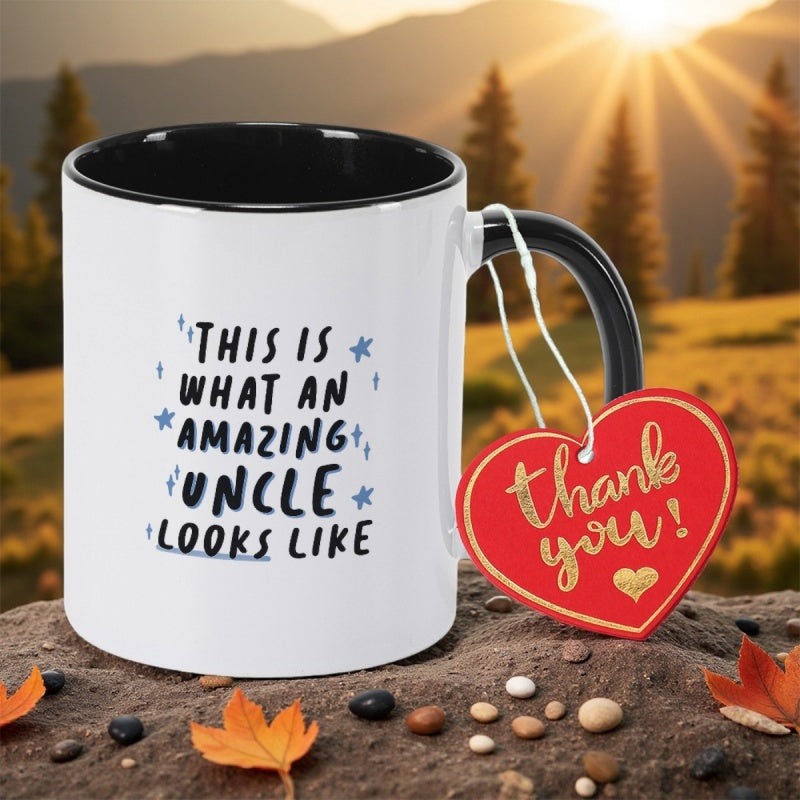 Tailorly Black Accent 11 oz Mug - funny lettering "what an amazing uncle looks like"