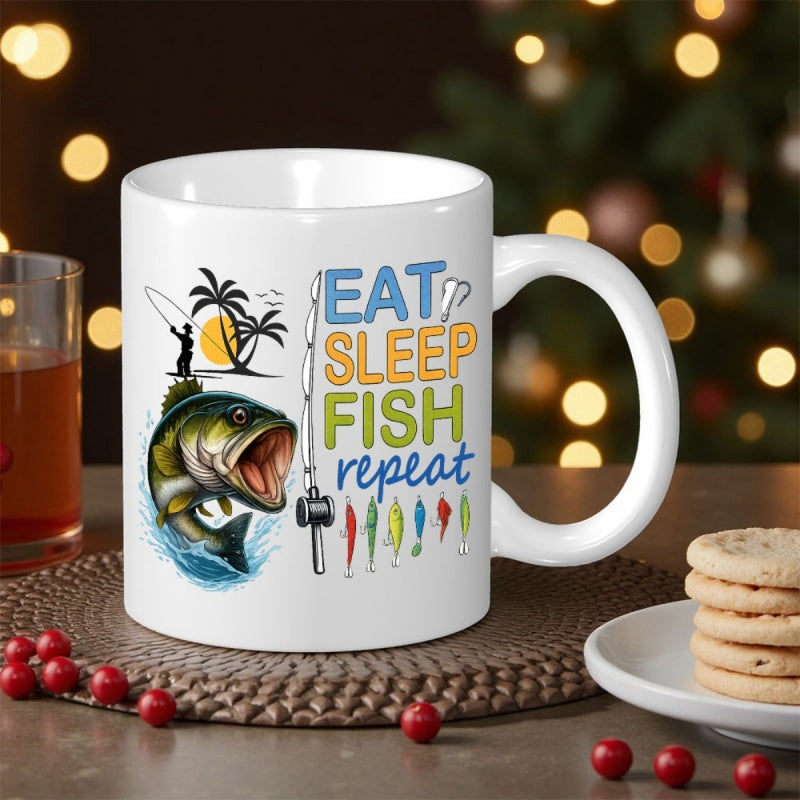 Tailorly White Ceramic 11 oz Mug - Eat Sleep Fish Repeat Jumping From Splashing Blue Water Beside Fishing Rod Bass