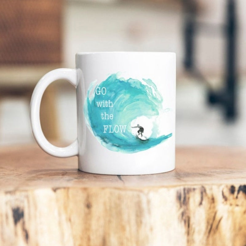 Tailorly White Ceramic 11 oz Mug - Go With The Flow Artistic Turquoise Watercolor Style Wave With A Small Surfer