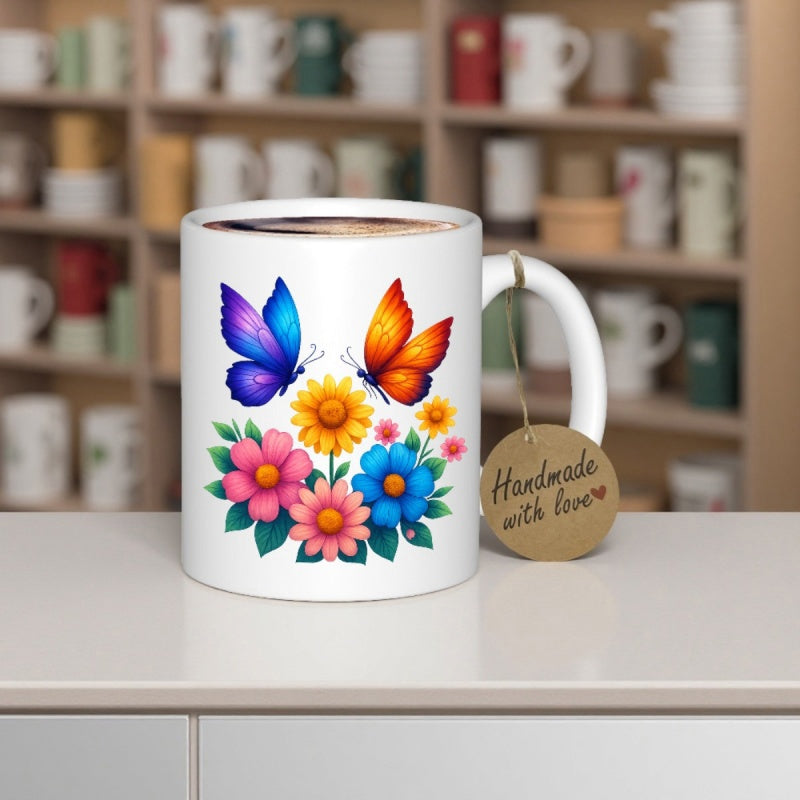 Tailorly White Ceramic 11 oz Mug - Handmade With Love Vibrant Spring Flowers Surrounded By Two Painted Colorful Flying Butterfly