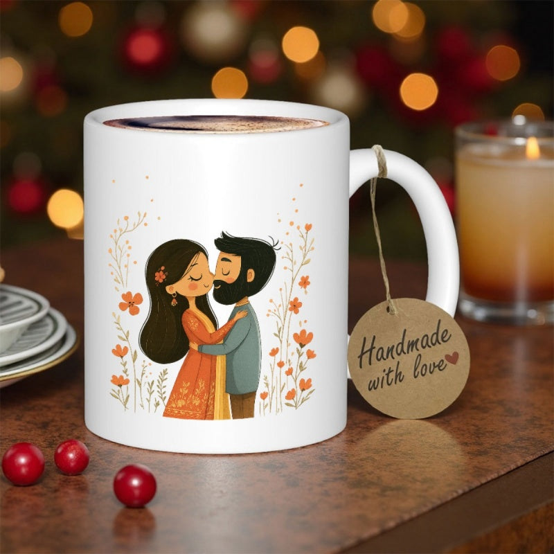 Tailorly White Ceramic 11 oz Mug - Handmade With Love Romantic Garden Scene Featuring Man And Woman Embracing Each Other Couple