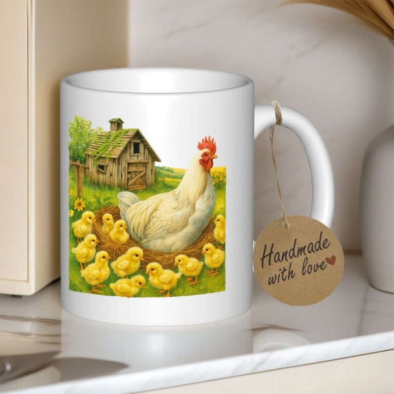 Tailorly White Ceramic 11 oz Mug - Countryside Farm Scene With Mother Hen Watching Over Small Yellow Chicks Hen