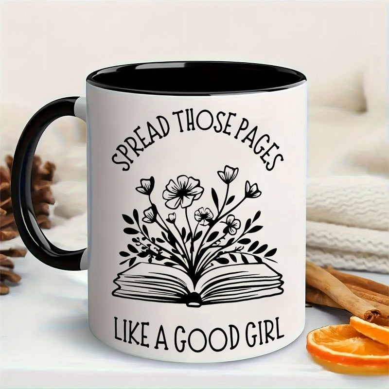 Tailorly Black Accent 11 oz Mug - floral ceramic mug with spread pages like a literary book foliage art