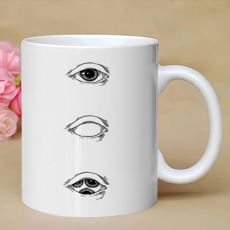 Tailorly White Ceramic 11 oz Mug - Three Vertically Aligned Hand Drawn Surreal Mysterious Symbolic Human Eye