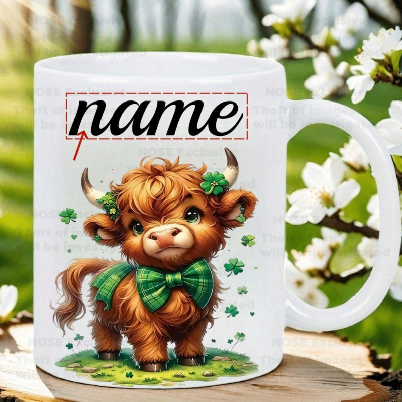 Tailorly White Ceramic 11 oz Mug - Name Cute Brown Furry Highland Calf Wearing Green Plaid Bow Tie Cow