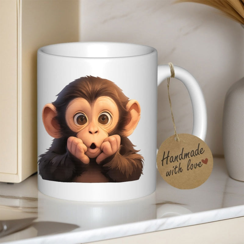 Tailorly White Ceramic 11 oz Mug - Handmade With Love Cute Brown Chimpanzee With Large Expressive Eyes And Surprised Expression Monkey