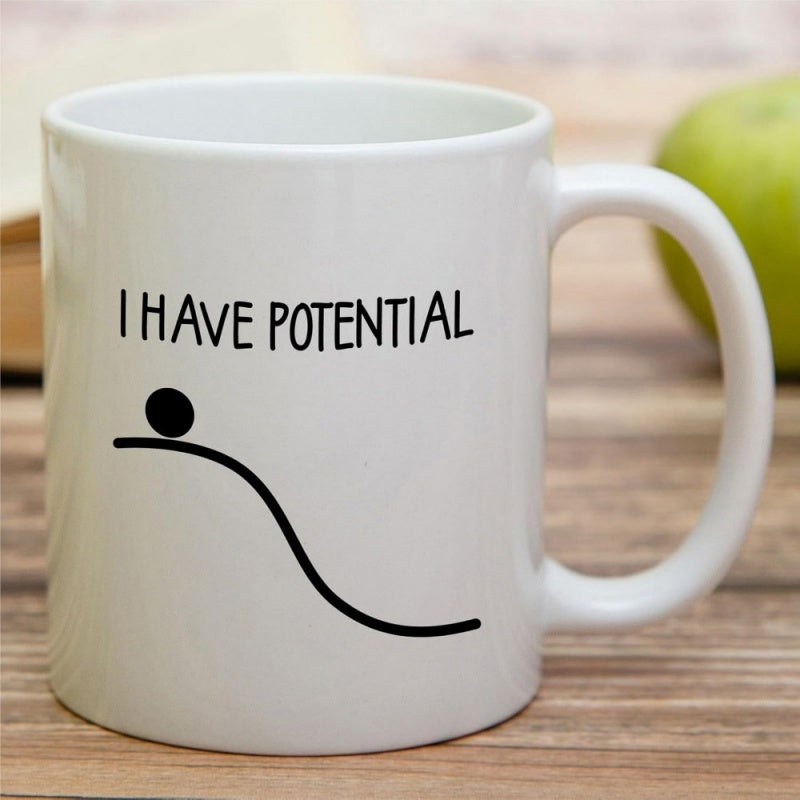 Tailorly White Ceramic 11 oz Mug - I Have Potential Minimalist Science Diagram With A Small Ball Resting On Slope Mug