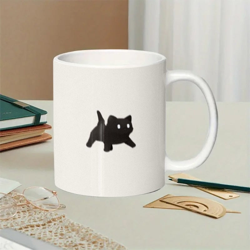 Tailorly White Ceramic 11 oz Mug - Playful Minimalist Black Kitten With Glowing White Eyes In Pouncing Stance Cat