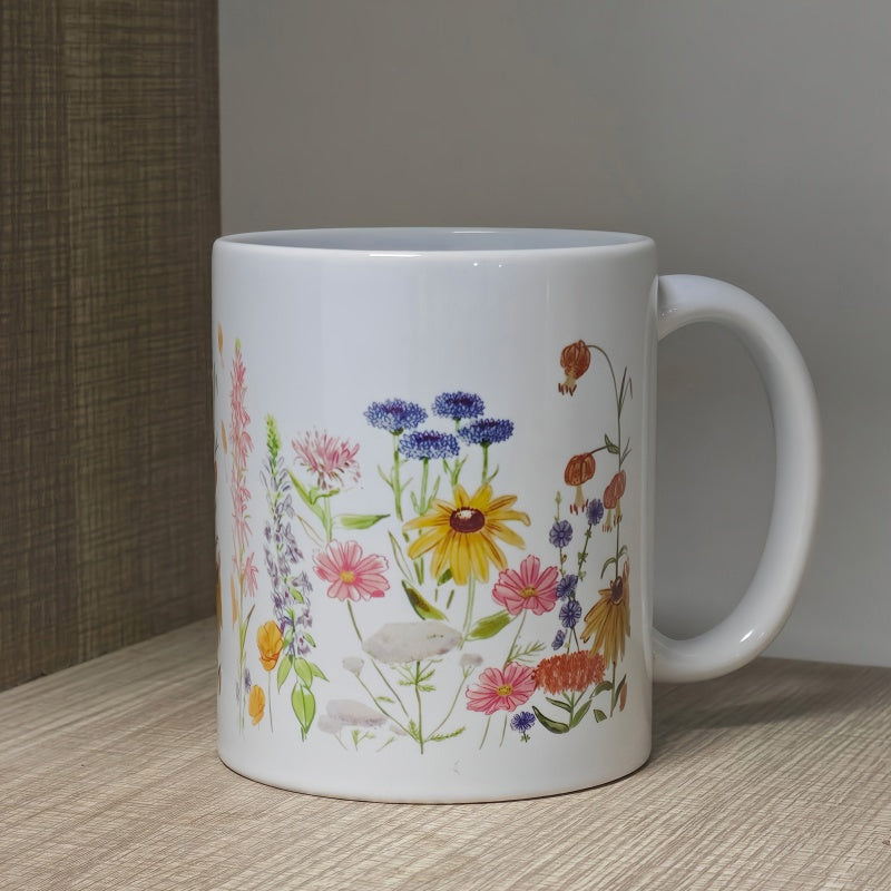 Tailorly White Ceramic 11 oz Mug - Delicate Watercolor Wildflowers Blooming Together In A Vibrant Colorful Meadow Flower