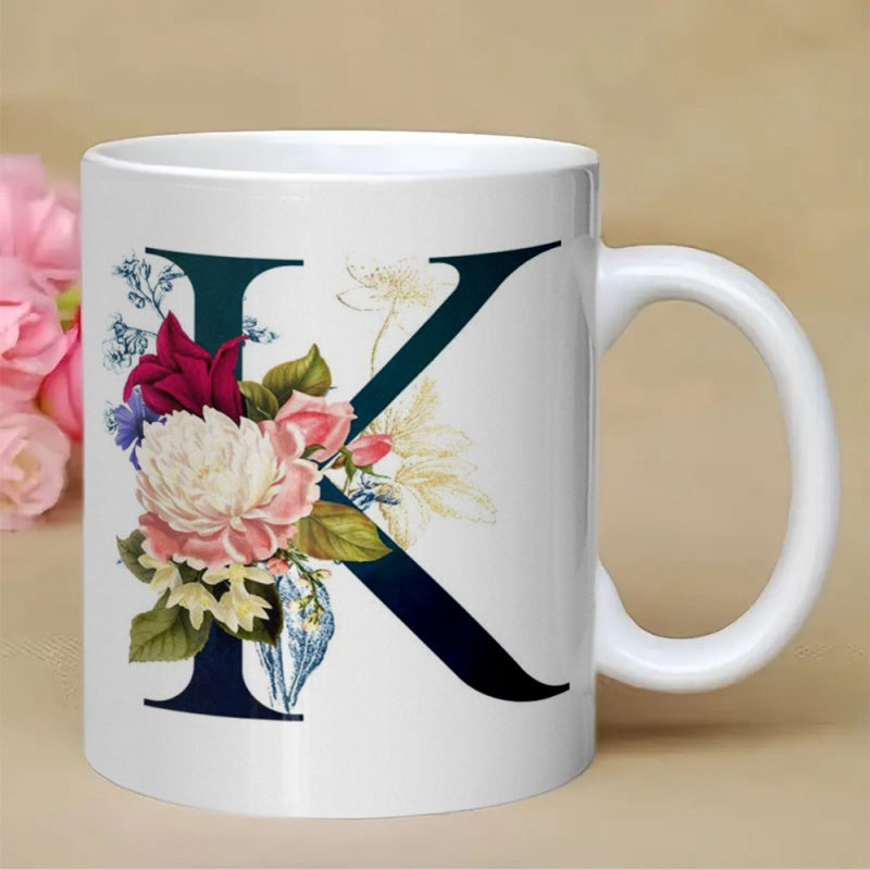 Tailorly White Ceramic 11 oz Mug - K Elegant Floral Arrangement With Peonies And Green Leaves Entwined Monogram