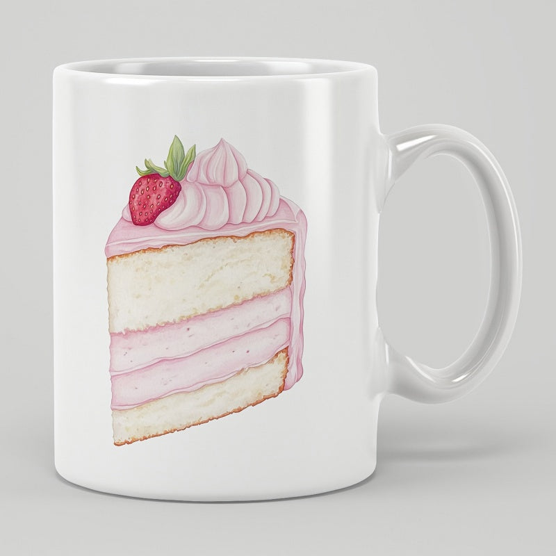 Tailorly White Ceramic 11 oz Mug - Delicious Layered Pink Cream Strawberry Dessert With Fresh Green Leaves Cake