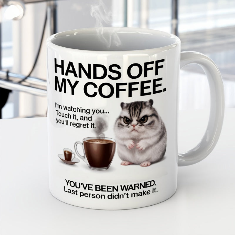 Tailorly White Ceramic 11 oz Mug - Hands Off My Coffee Youve Been Warned Grumpy Fat Hamster Wearing Glasses Beside Steaming Mug