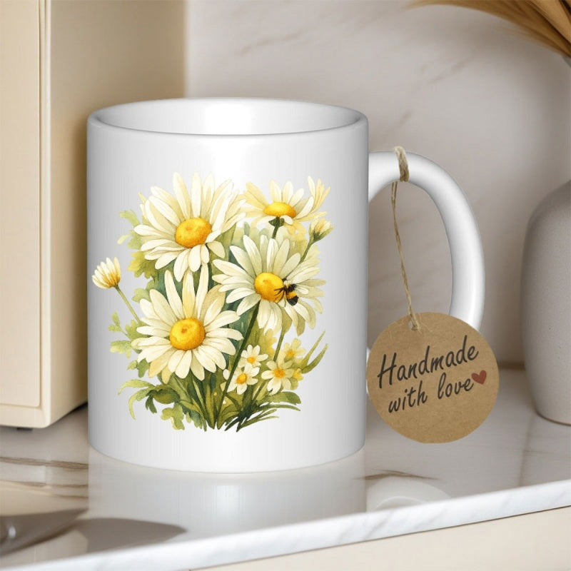Tailorly White Ceramic 11 oz Mug - Handmade With Love Beautiful Blooming White Daisies With Small Bee Hovering Among Petals Daisy