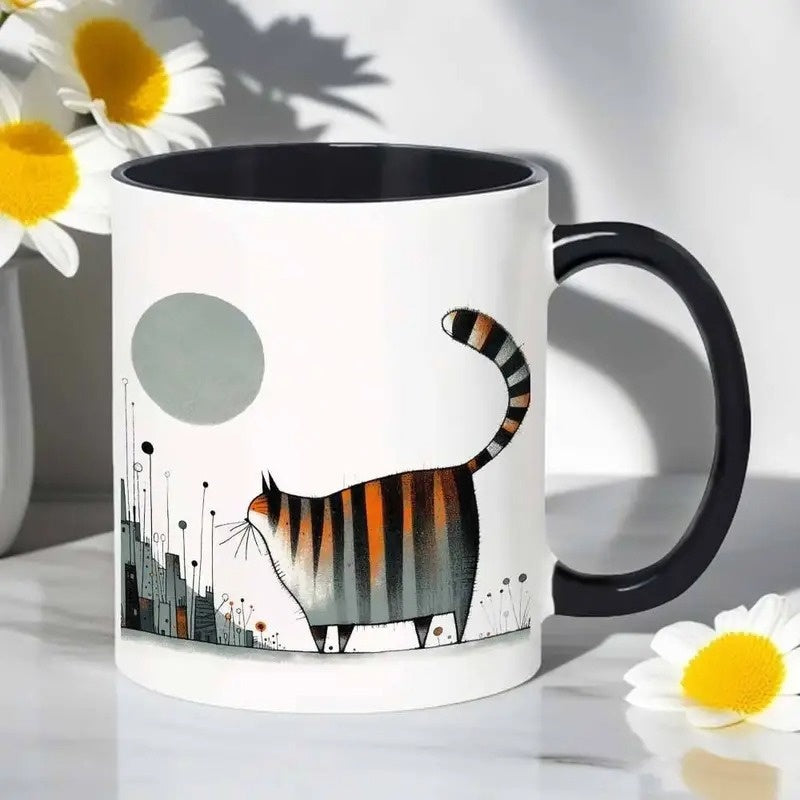 Tailorly Black Accent 11 oz Mug - minimalist walking cat with tiger stripes