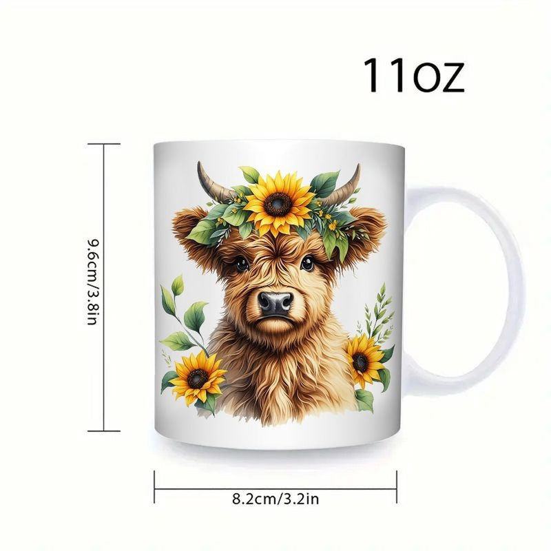 Tailorly White Ceramic 11 oz Mug - Rustic Highland Cow Wearing Sunflower Crown Surrounded By Green Leaves Cow