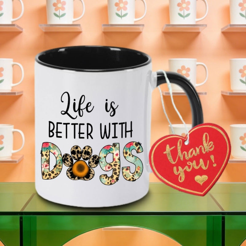 Tailorly Black Accent 11 oz Mug - living with a dog life better logo