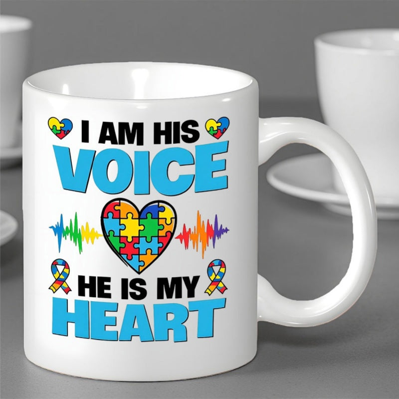 Tailorly White Ceramic 11 oz Mug - I Am His Voice He Is My Heart Colorful Puzzle Pattern Within A Heart Shape Surrounded By Soundwaves Heart