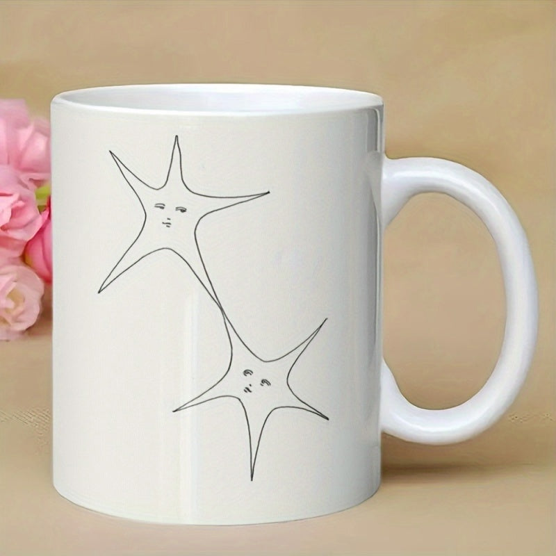 Tailorly White Ceramic 11 oz Mug - Minimalist Hand Drawn Whimsical Line Art Twin Stars With Simple Faces Star