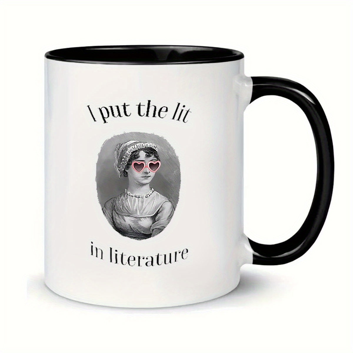 Tailorly Black Accent 11 oz Mug - item picture humorous ceramic coffee mugs featuring i put the lit in literature with a vintage portrait it an ideal
