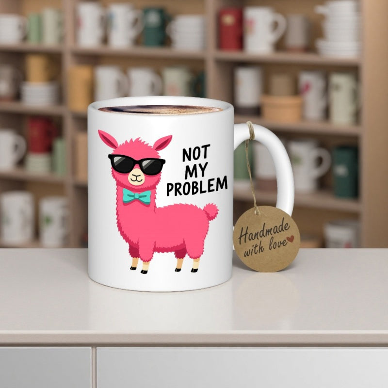 Tailorly White Ceramic 11 oz Mug - Not My Problem Fun Pink Cartoon Wearing Sunglasses And Teal Bowtie Llama