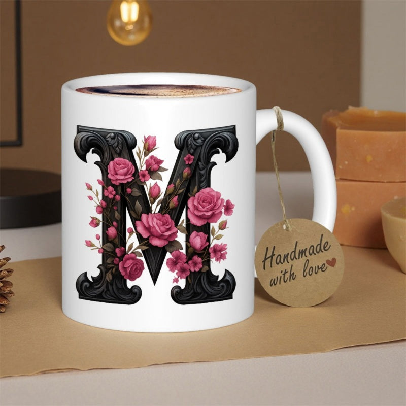 Tailorly White Ceramic 11 oz Mug - Handmade With Love Ornate Black Gothic Style Initial Surrounded By Elegant Blooming Pink Roses Letter