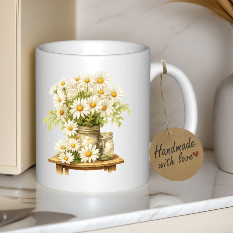 Tailorly White Ceramic 11 oz Mug - Handmade With Love Beautiful White Daisies Arranged Inside Vintage Glass Mason Jars Flowers