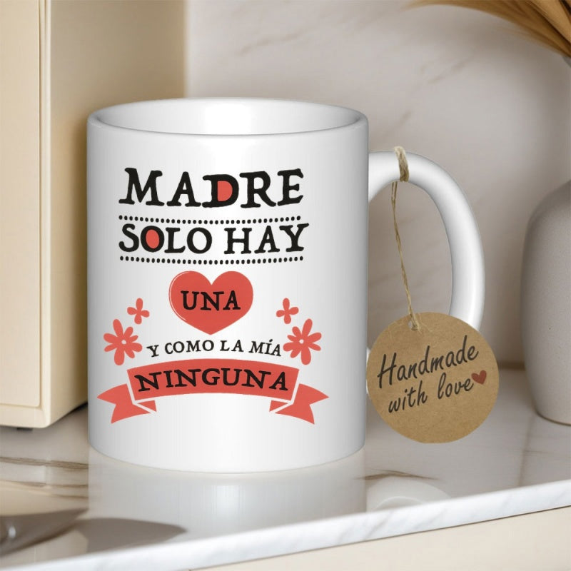 Tailorly White Ceramic 11 oz Mug - Handmade With Love Elegant Red Heart With Small Floral Patterns And Decorative Banner Heart